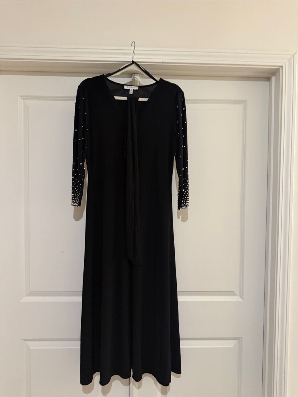 Chaus Black Midi Tie-Neck Dress with Embellished Sleeves